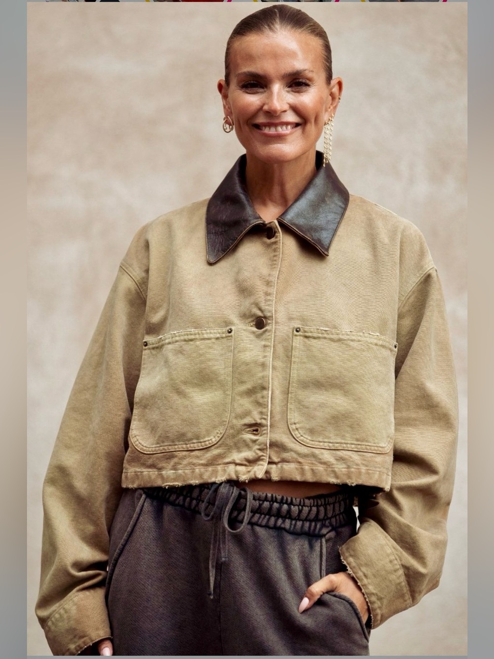 CI SONO Khaki Colored Utility Barn Jacket with Black Collar